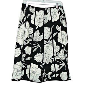 NEW Willi Smith Womens Sz 8 Linen Skirt Midi A-Line Pleated Black White Floral